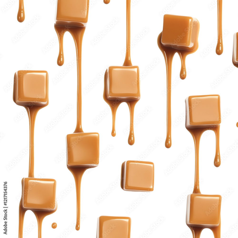Aufkleber Multiple melting caramel cubes are shown dripping down against a black background in a visually appealing pattern.