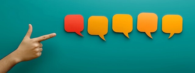 Hand pointing at speech bubbles on green background for communication concept