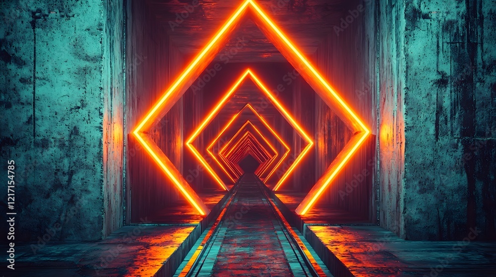 Leinwandbilder futuristic 3d rendering of an empty dark corridor with glowing side windows featuring textured concr