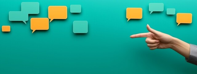 Hand pointing at speech bubbles on green background for communication concept