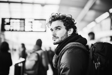 Fototapeta premium Mężczyzna czekający w kolejce na lotnisku, jego twarz jest spokojna i obojętna, podczas gdy inni wokół niego okazują oznaki niecierpliwości i frustracji