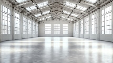 Spacious, empty industrial warehouse with large windows and modern architecture