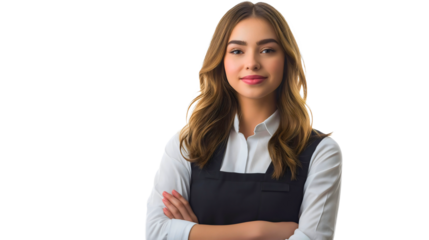 Happy Young Woman Waitress in Uniform Smiling Confidently Against Isolated Background