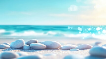 Serene Beach Pebbles with Soft Bokeh Ocean Background