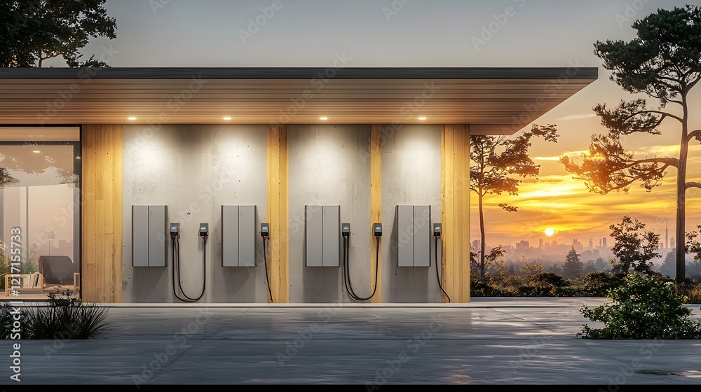 Poster smart home garage design with a set of battery packs installed on the wall providing efficient energ