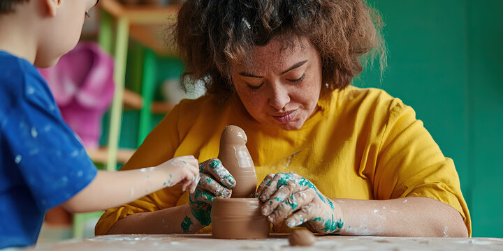 Woman and Child Creating Clay Pottery