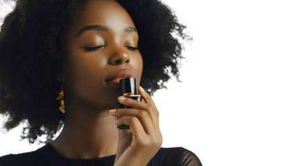 Elegant Black Woman Model Showcasing Makeup and Skincare Beauty Routine with Jewelry and Perfume on Isolated Background