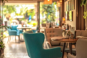 Fototapeta premium Blur coffee shop or cafe restaurant with abstract bokeh light image background.