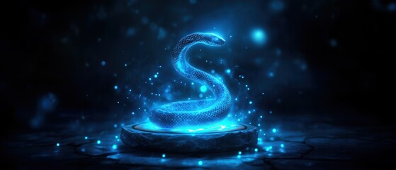 Obraz premium A glowing blue serpent coiled in a magical aura against a dark background, creating a mystical and enchanting visual effect.