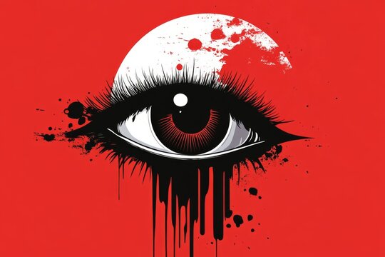 A minimalist illustration of a single wide eye with small beads of sweat forming around it, drawn in simple black lines with a red background to symbolize paranoia