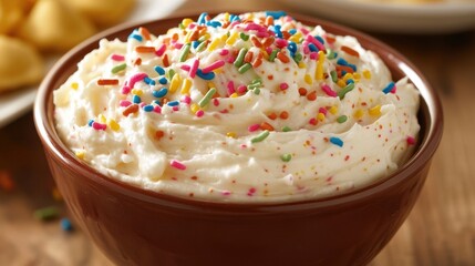 Delicious cake batter dip with colorful sprinkles in a brown bowl for party desserts and celebration