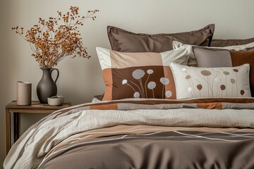 Contemporary design of bedroom interior with brown and grey bedding, pillows, bedside table, vase with dried flowers, trace with cup.