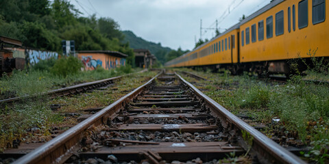 Railroad Tracks and Yellow Passenger Train