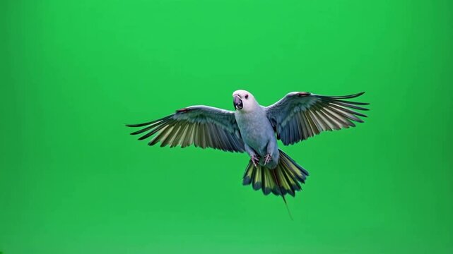Grey parrot flying, green screen, studio shot, graphic design