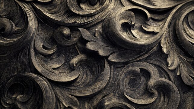 Intricate dark wood carving with detailed swirling patterns and leaf motifs