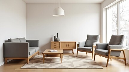 Modern Living Room Spacious and Bright Design with Gray Sofa, Wooden Furniture, and Large Windows