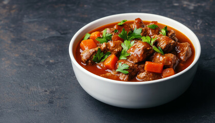 A warm bowl of hearty beef stew with vegetables and fresh herbs.