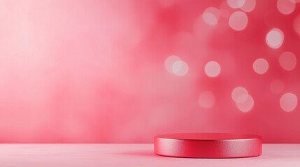 Red Podium on Blurred Background: A sleek, cylindrical red podium sits center stage against a soft, bokeh-blurred red background, perfect for showcasing products or announcements.