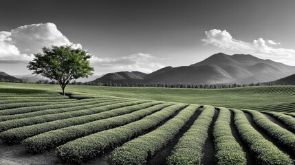 Obraz premium Serene Black and White Landscape of Rolling Tea Fields Under a Dramatic Sky with Mountains in the Background and a Solitary Tree in the Foreground