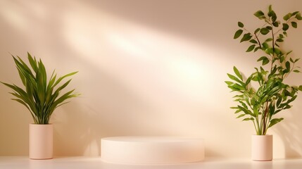 Minimalist Product Display: A pristine white circular podium stands ready to showcase your product in a serene setting. Flanked by lush green plants and bathed in soft sunlight.
