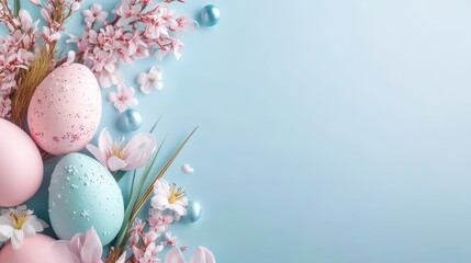 Bright and colorful Easter banner featuring decorative eggs and spring flowers with space for your festive message