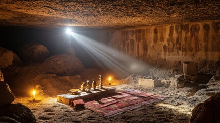 International Museum Day Ancient cave dwelling with artifacts and light beams illuminating interior