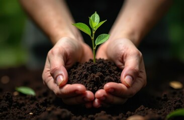 Close up man hands holding plant. Soil, garden bed. Nature protection, agriculture concept