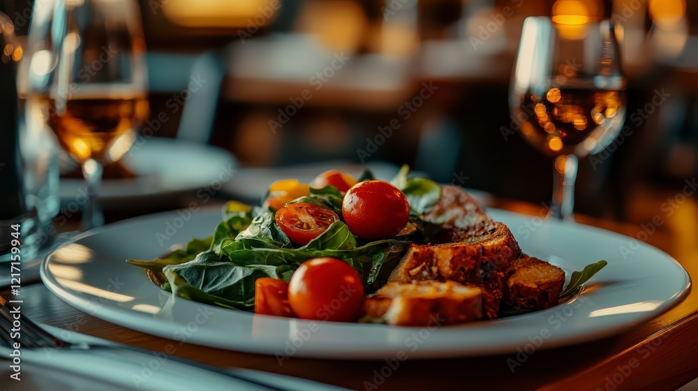 Sticker Fresh Green Salad with Tomatoes and Crusty Bread, Elegant Restaurant Setting