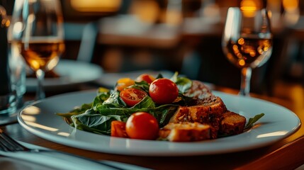 Fresh Green Salad with Tomatoes and Crusty Bread, Elegant Restaurant Setting