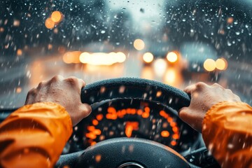 A person sitting in a car during a thunderstorm, nervously gripping the steering wheel as rain pounds against the windshield