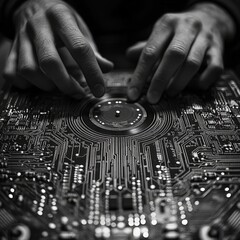 Obraz premium A circular circuit board with glowing connectors, representing technology and connectivity. Ideal for tech, electronics, and digital-themed visuals.
