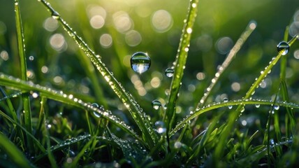 Close-up of Dew Drops on Green Grass Blades Reflecting Nature's Beauty, Capturing the Serenity and Freshness of a Morning