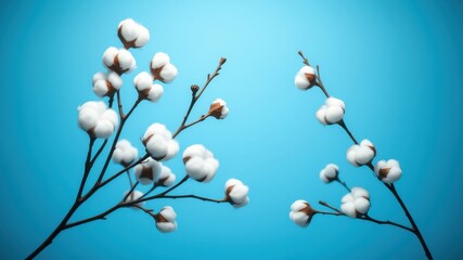 Delicate Cotton Plant Branches with Fluffy White Blooms on Vibrant Blue Background