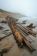 Rustic shipwreck on foggy beach with algae-covered cliffs in the background