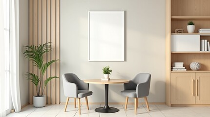 Fototapeta premium Stylish Minimalist Cafe Interior Wooden Paneling, Modern Seating, and Blank Frame for Creative Design Displays