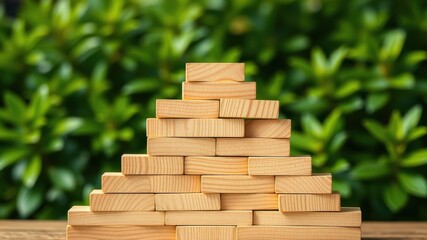 Wooden blocks arranged in a pyramid shape against a natural green backdrop, symbolizing growth, stability, and success
