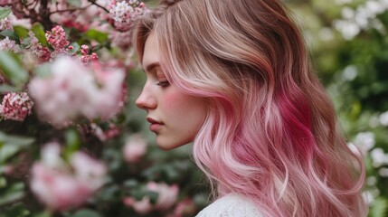 Naklejka premium Young caucasian female with pink hair amidst blossoming flowers in spring garden