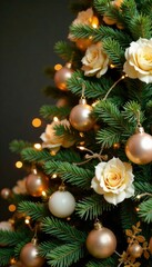 Floral Christmas tree with golden petals and delicate greenery, ornaments, evergreen, holly