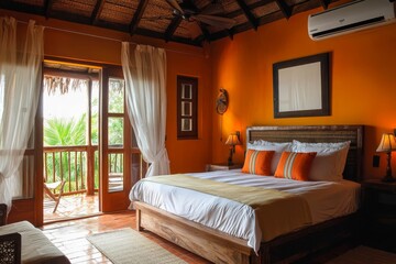 Interior of stylish room with comfortable bed.