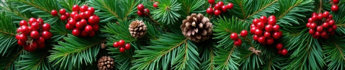 Evergreen branch wreath with red berries and pinecones, Christmas decorations, red berries, pinecones