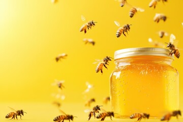 Close-Up of a Glass Jar Filled with Golden Honey Surrounded by Busy Bees on a Bright Yellow Background, Representing Nature's Sweetness and Pollination Process