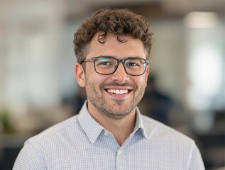 Portrait en gros plan d&rsquo;un jeune homme souriant, homme d&rsquo;affaires souriant et regardant la cam&eacute;ra, financier ou investisseur travaillant dans un bureau, satisfait des r&eacute;sultats obtenus.