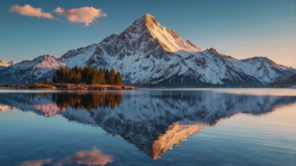 Majestic Reflection: A Serene Mountain Landscape at Dawn, Showcasing the Splendid Peaks and Tranquil Waters of Nature's Breathtaking