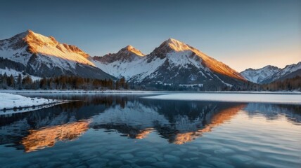 Majestic Reflection: A Serene Mountain Landscape at Dawn, Showcasing the Splendid Peaks and Tranquil Waters of Nature's Breathtaking