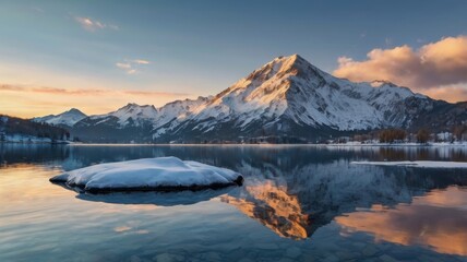 Majestic Reflection: A Serene Mountain Landscape at Dawn, Showcasing the Splendid Peaks and Tranquil Waters of Nature's Breathtaking