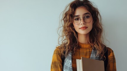 Obraz premium Young Woman with Curly Hair Holding a Book