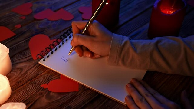 Close up of wooden table with lighted candles and red paper hearts scattered on the surface, woman hand writing text happy valentines day in spiral notebook.