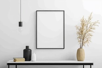Minimalistic living room interior design with sofa, console, mock up poster frame, lamp and stylish personal accessories.