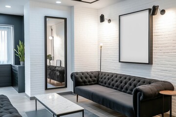 Fototapeta premium Minimalistic living room interior design with sofa, console, mock up poster frame, lamp and stylish personal accessories.