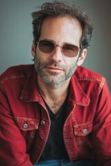 Obraz premium Caucasian young male in red jacket and sunglasses with beard